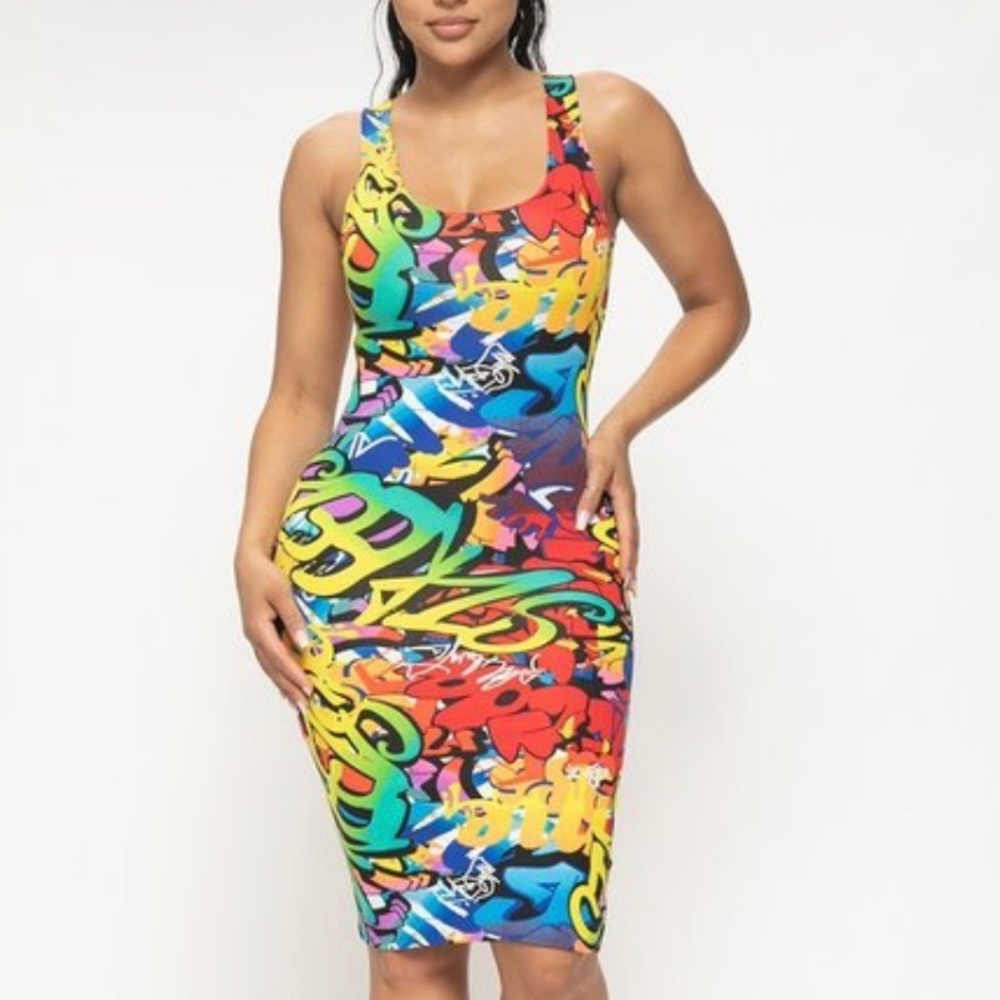 NEW TRENDY MULTI COLOR GRAFFITI TANK TOP BODYCON MIDI DRESS - Picture 6 of 14
